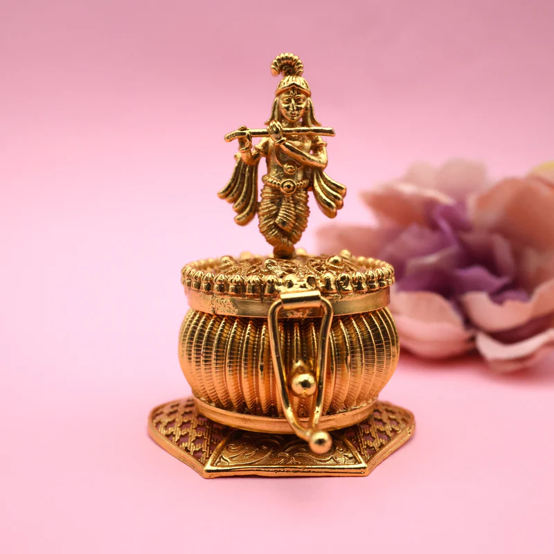Antique Gold Krishna with Flute Kumkum Box